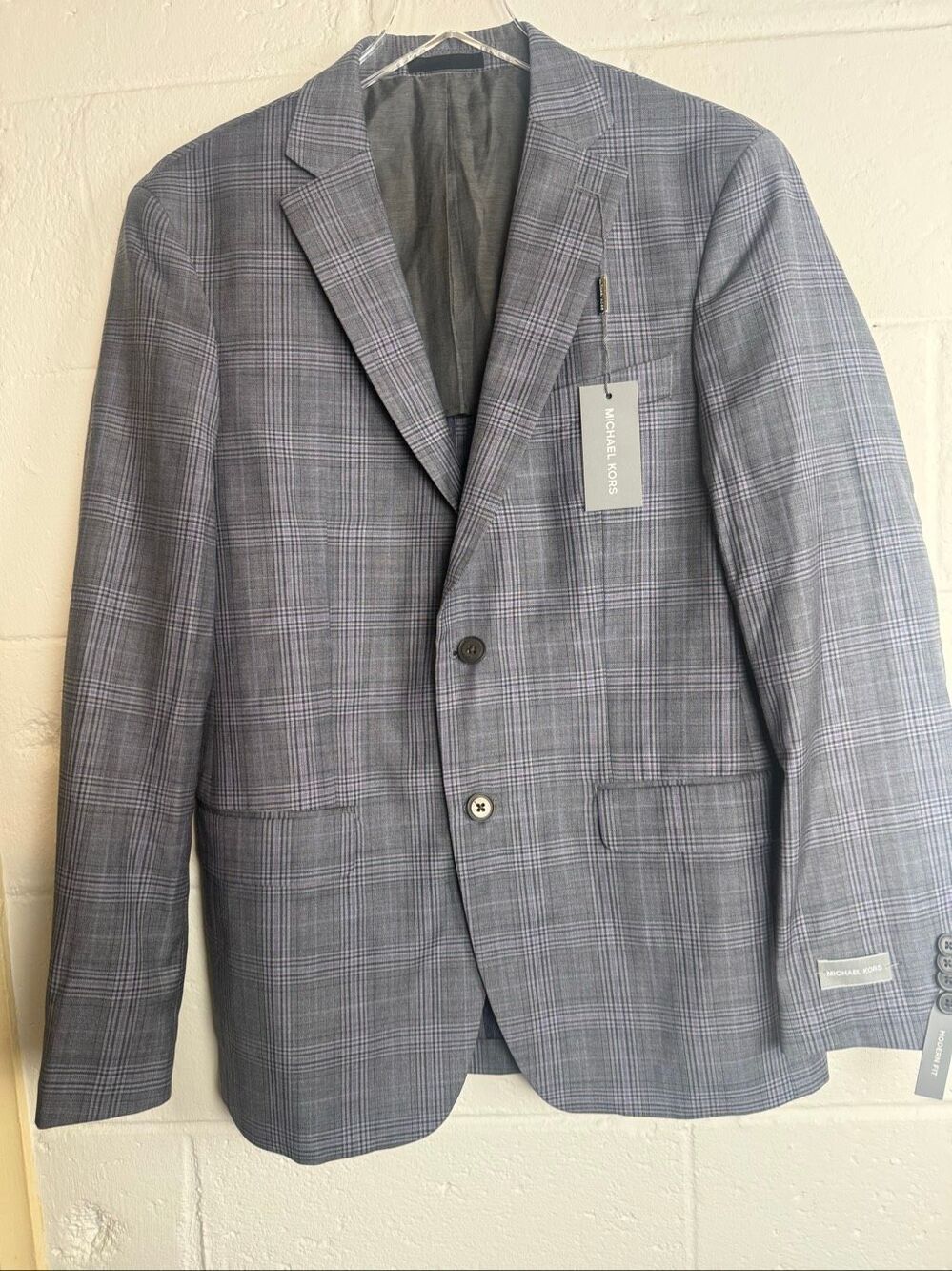 Michael Kors Men’s 38R Kalan Blazer Gray Purple Plaid Wool Modern Fit NWT